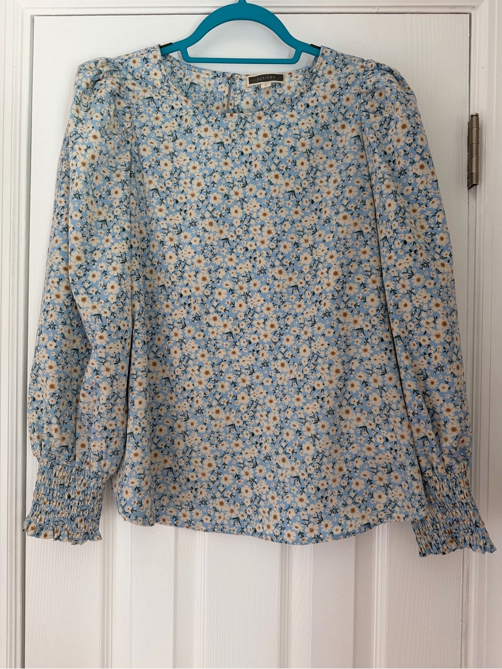 Pleione Light Blue Floral Long Sleeve Smocked Cuff Blouse